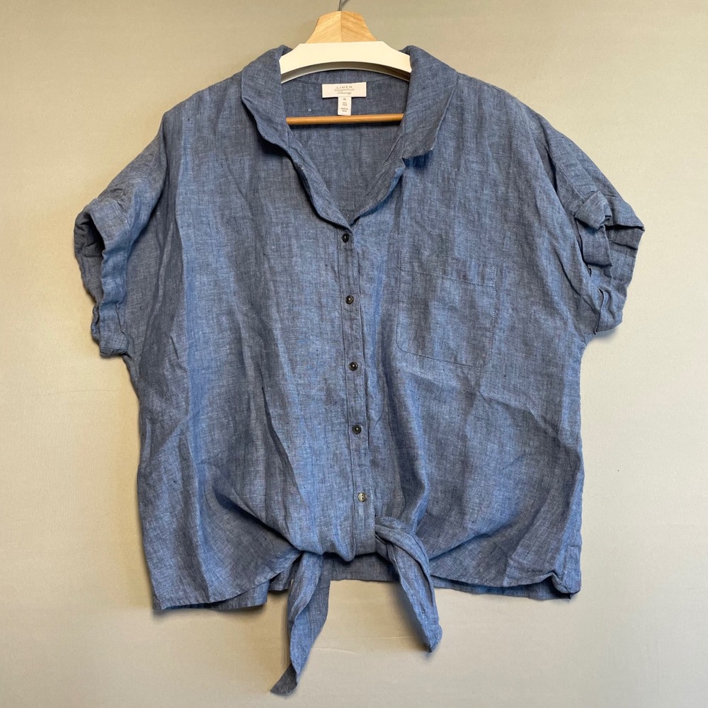 Charter Club Luxury Linen Blue Tie Front Collared Short Sleeve Shirt Womens XL
